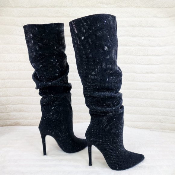 Radiant Black Rhinestone High Heel Slouch Knee High Boots - Picture 1 of 11